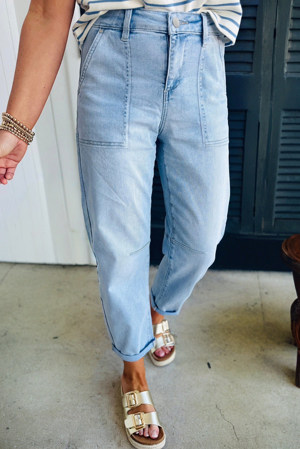 Beau Blue High Rise Barrel Relaxed Patch Pocket Jeans - PREORDER