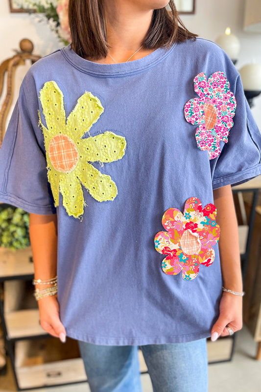 Sky Blue Flower Patched Exposed Trim Crew Neck Loose Tee