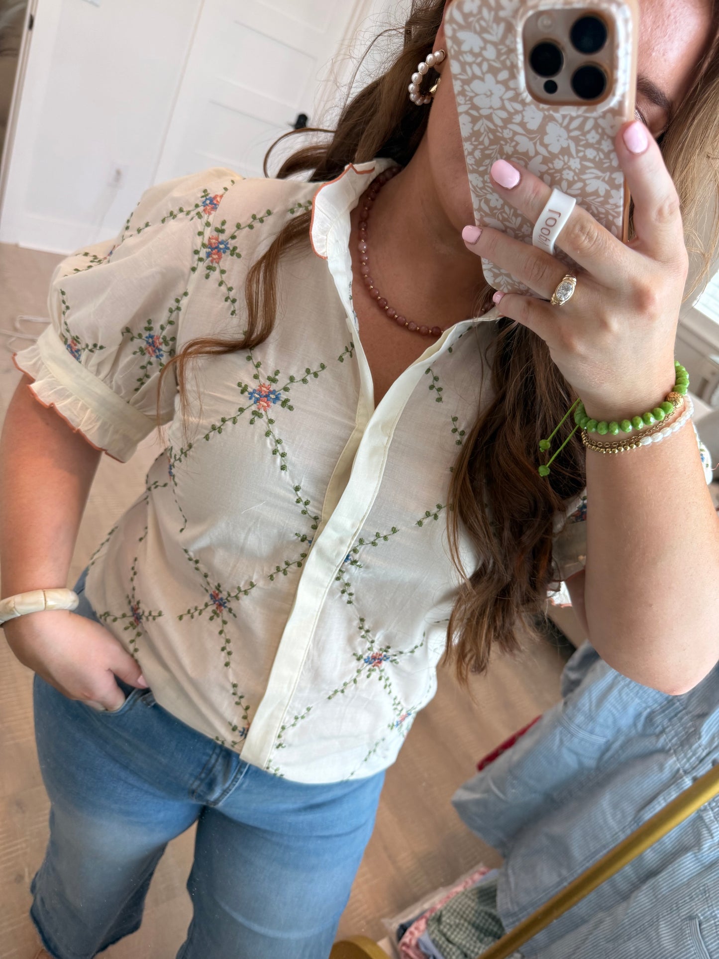 Embroidered Ruffle Collar Cotton Blouse