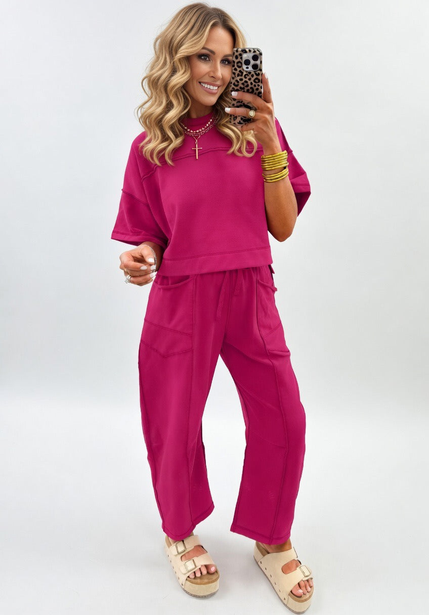 Rose Red Drop Shoulder Boxy Tee and Barrel Pants Set