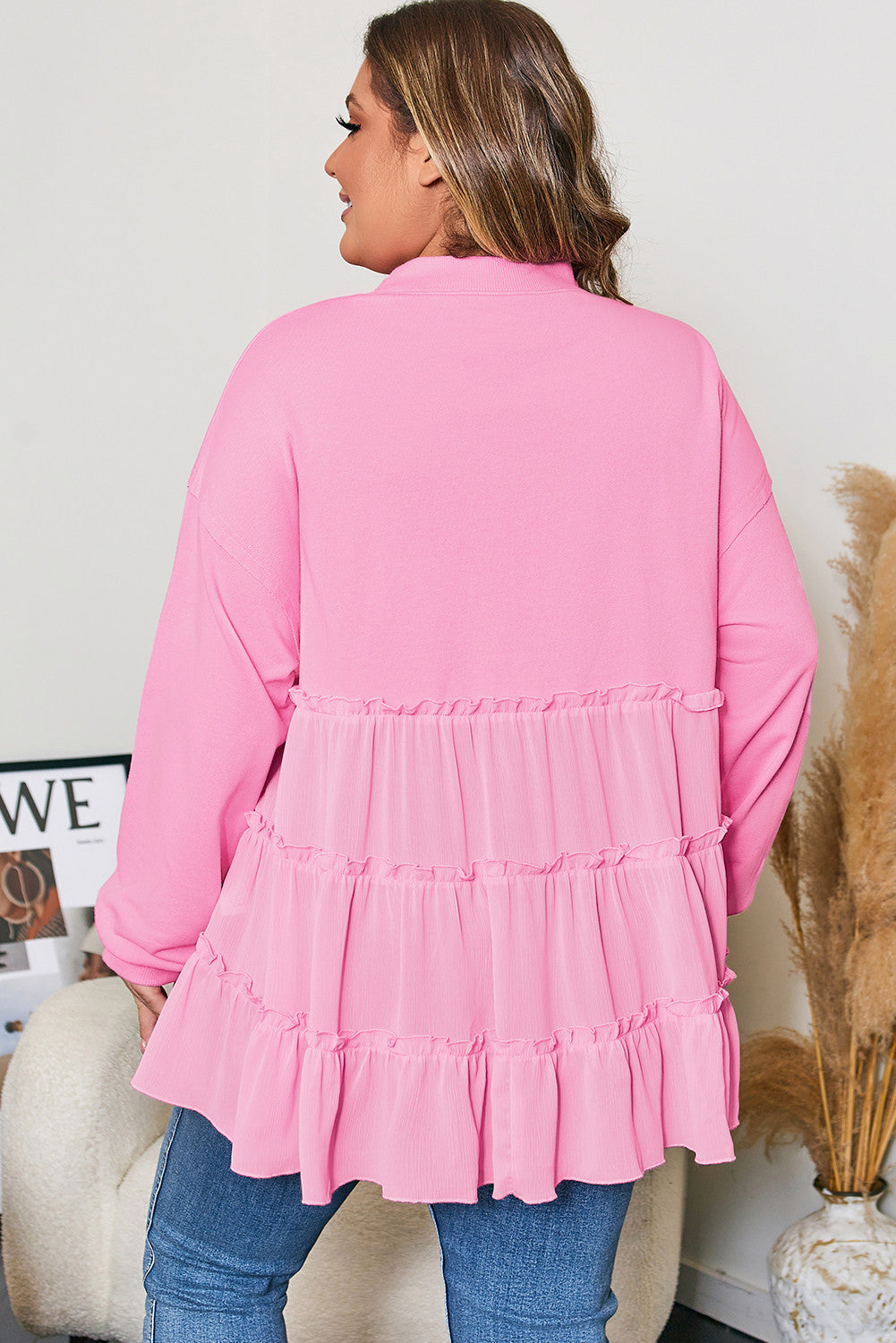 Pink Tiered Ruffle Ribbed Crew Neck Pullover Plus Size Top - PREORDER