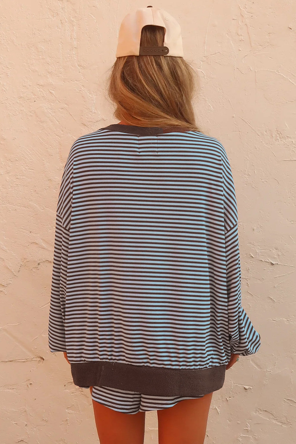 Brown Stripe Oversized Long Sleeve Top Drawstring Loose Shorts 2pcs Set - PREORDER