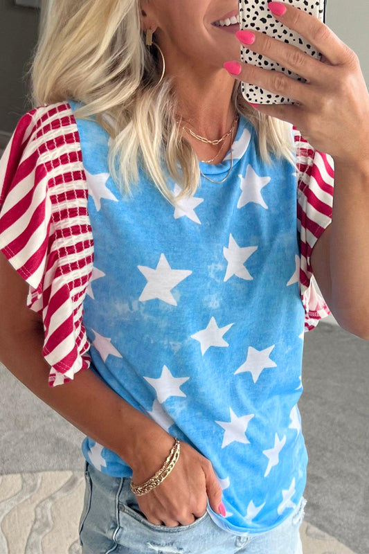 Sky Blue Vintage Star Print Striped Ruffle Sleeve Independence Day Top - PREORDER