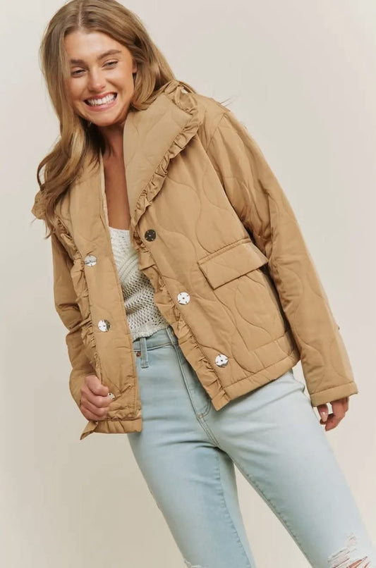 Ruffle Edge Detail Quilted Loose Fit Jacket