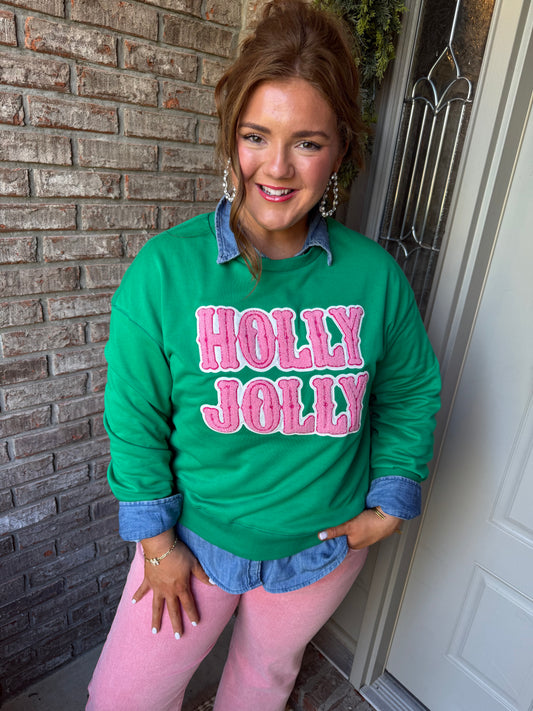 HOLLY JOLLY Embroidered Christmas Holiday Sweatshirt