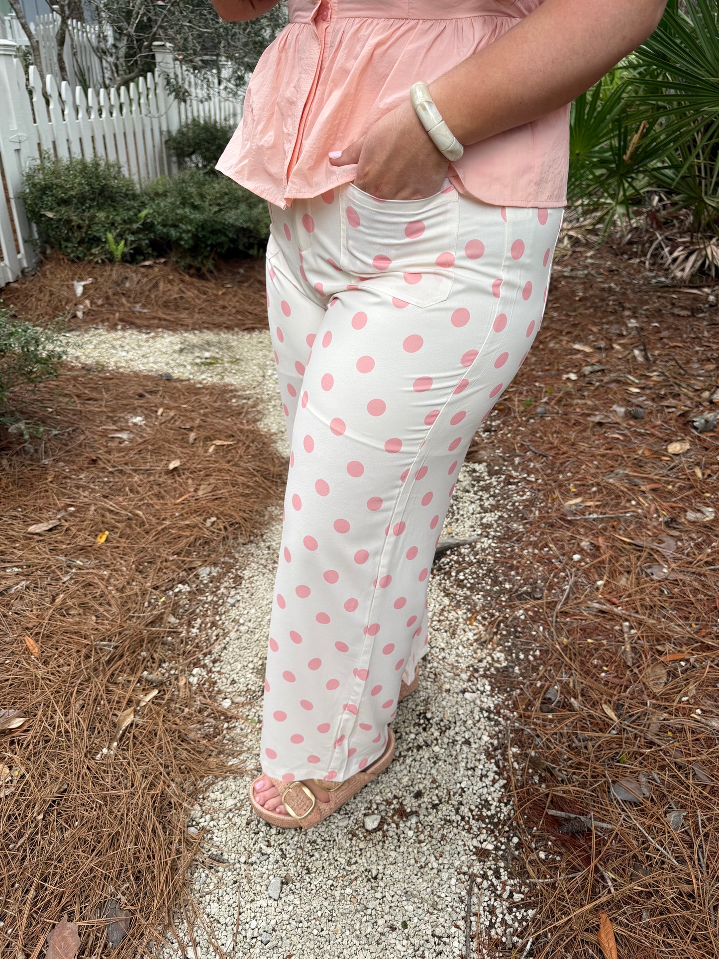 White Polka Dot Print Patched Pocket Loose Pants