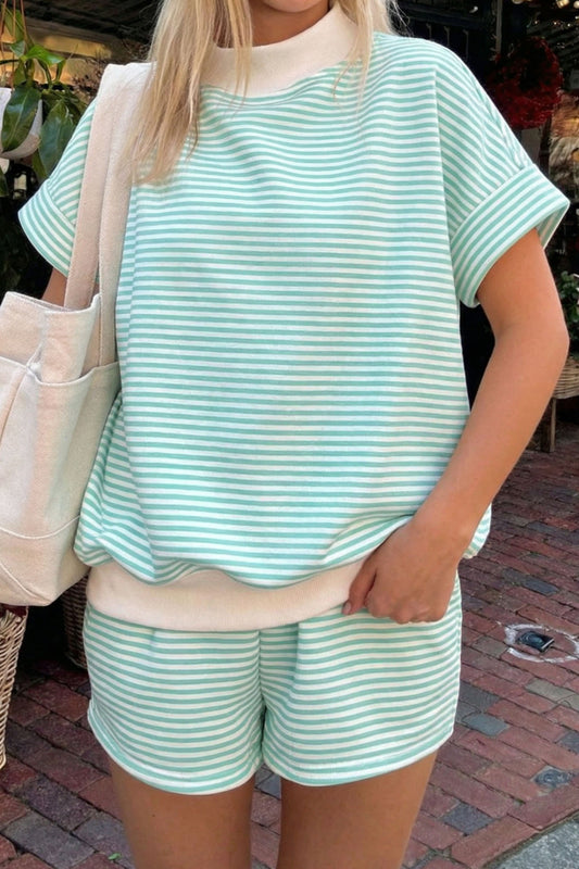 Green Stripe Cuffed Sleeve Contrast Mock Neck Tee Casual 2pcs Short Set - PREORDER