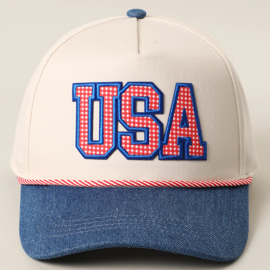 Dark Denim USA Gingham Letter Patch Star Brim Denim Trucker Hat