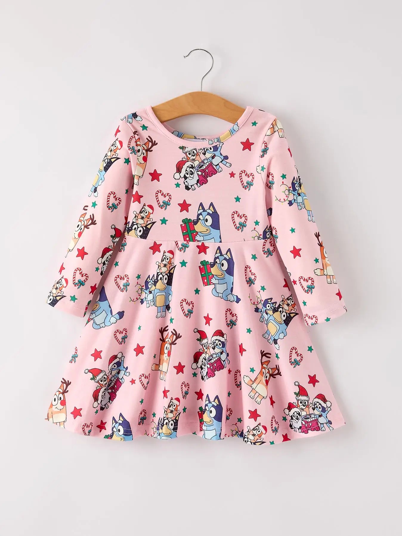Winter Christmas Character Print Pink Girls Dress - PREORDER
