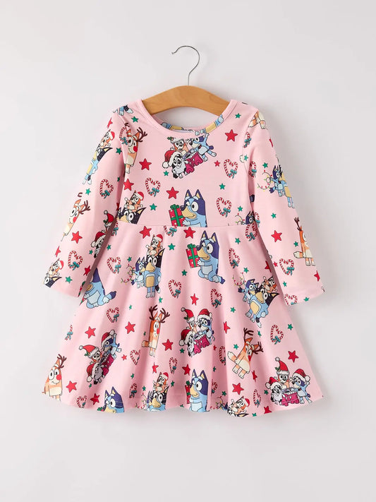 Winter Christmas Character Print Pink Girls Dress - PREORDER