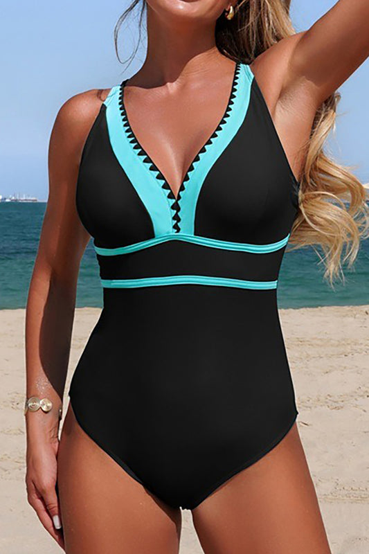 Aruba Blue Color Block Trim V Neck Crossed Straps One Piece Swimsuit - PREORDER