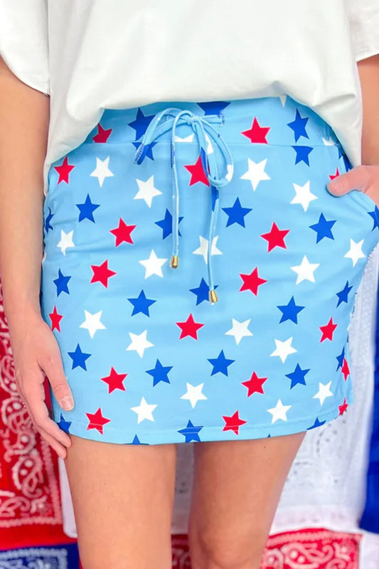 Sky Blue Patriotic Star Printed Beaded Drawstring Mini Skort - PREORDER
