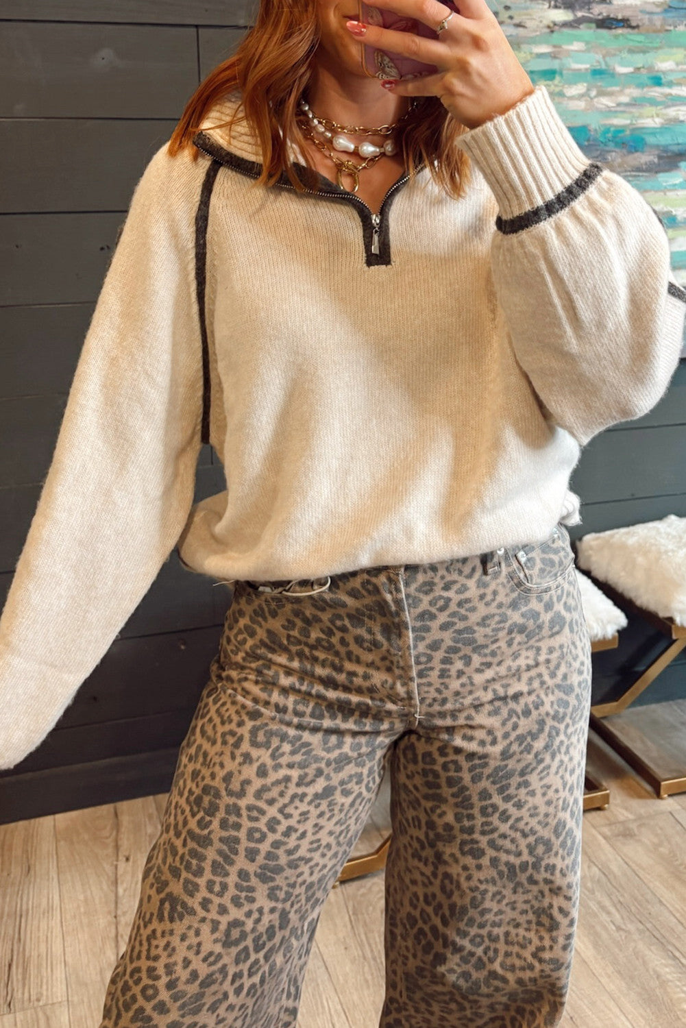 White Contrast Trim Ribbed Detail Quarter Zip Baggy Sweater - PREORDER