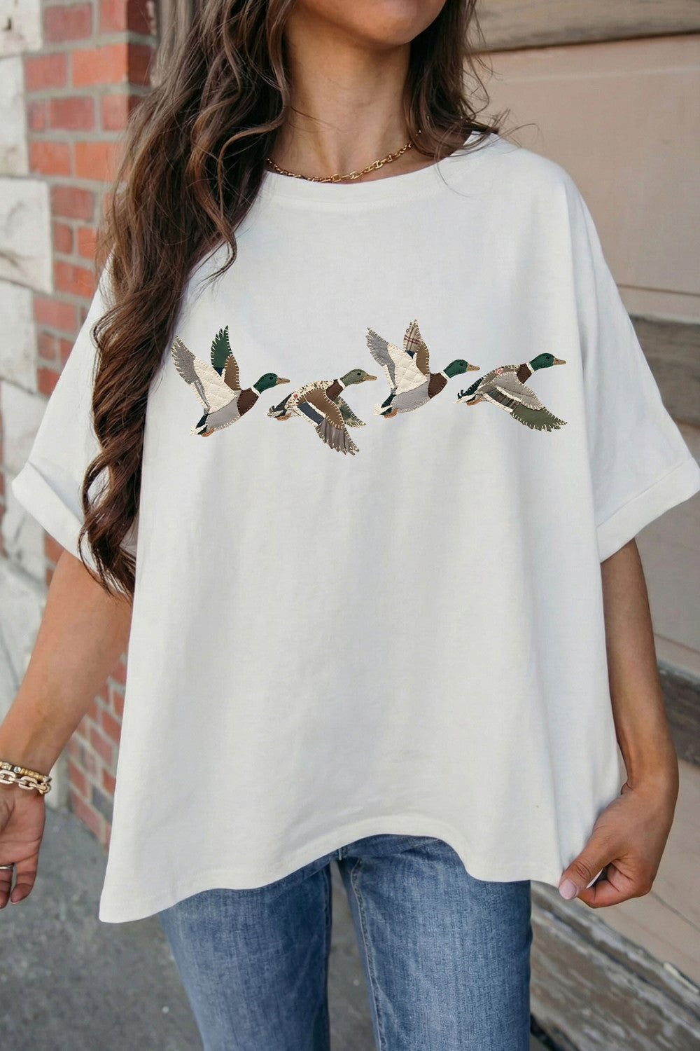 White Flying Mallard Duck Graphic Cuffed Sleeve Oversized Tee - PREORDER