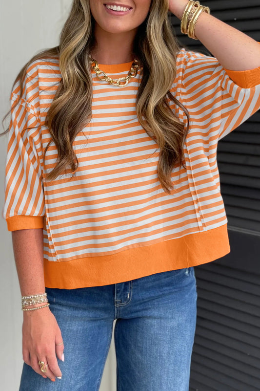 Orange Stripe 3/4 Sleeve Exposed Seam Patchwork Pullover Top - PREORDER