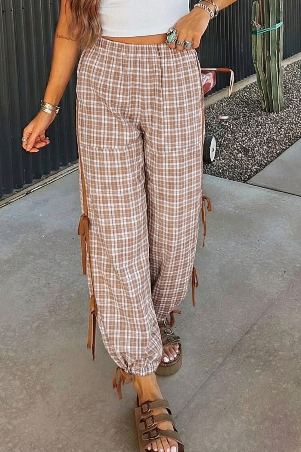 Chestnut Plaid Print Elastic Waist Bow Tie Contrast Detail Jogger Pants - PREORDER