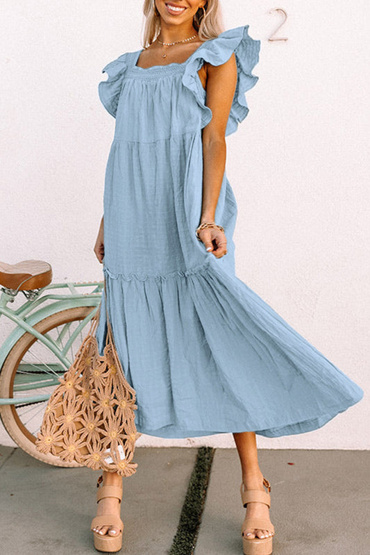 Sky Blue Ruffled Flutter Sleeve Square Neck Textured Tiered Maxi Dress