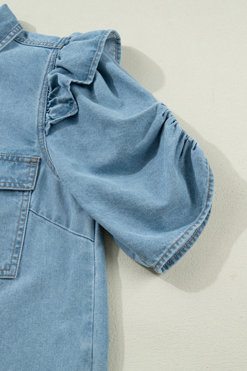 Myosotis Ruffle Detail Short Puff Sleeve Button Down Flap Pocket Denim Shirt - PREORDER