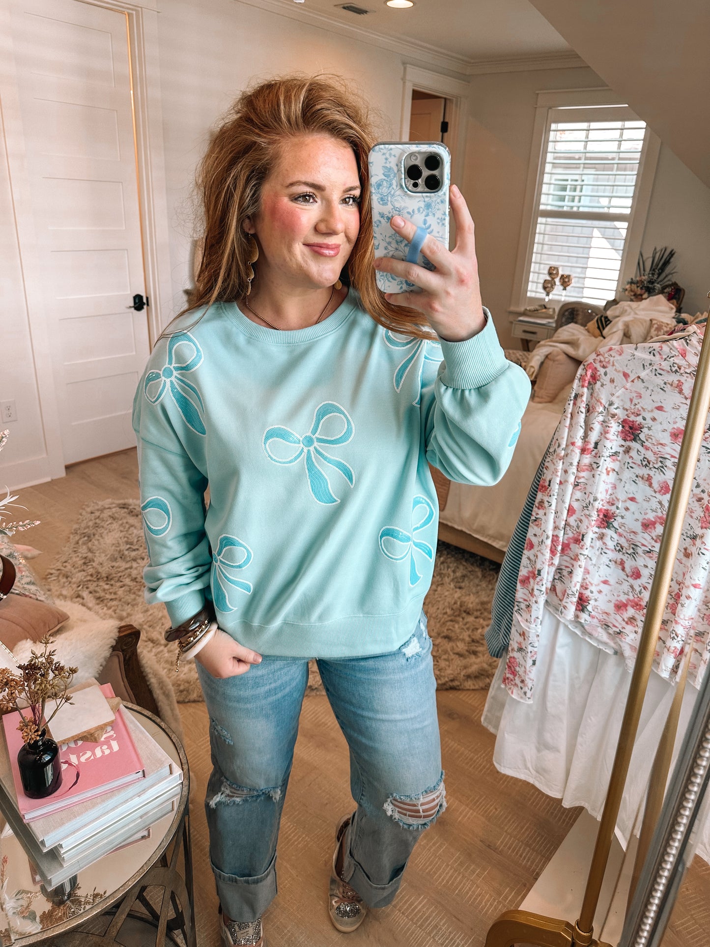 Beau Blue Sequin Bow Knot Drop Shoulder Oversized Sweatshirt