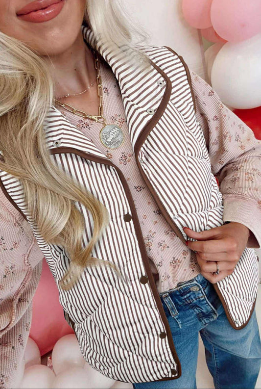 Brown Stripe Snap Button Collared Winter Vest - PREORDER