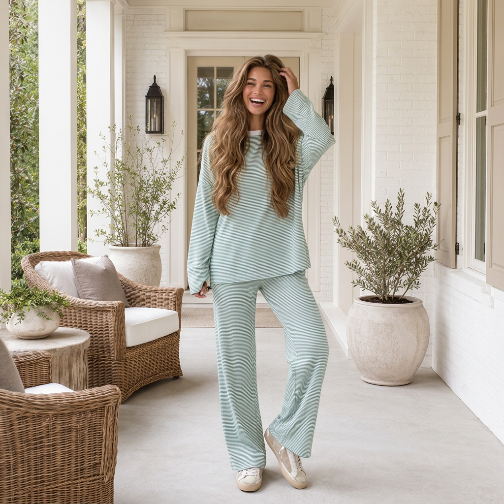Green Stripe Striped Drop Shoulder Long Sleeve Pant Set - PREORDER