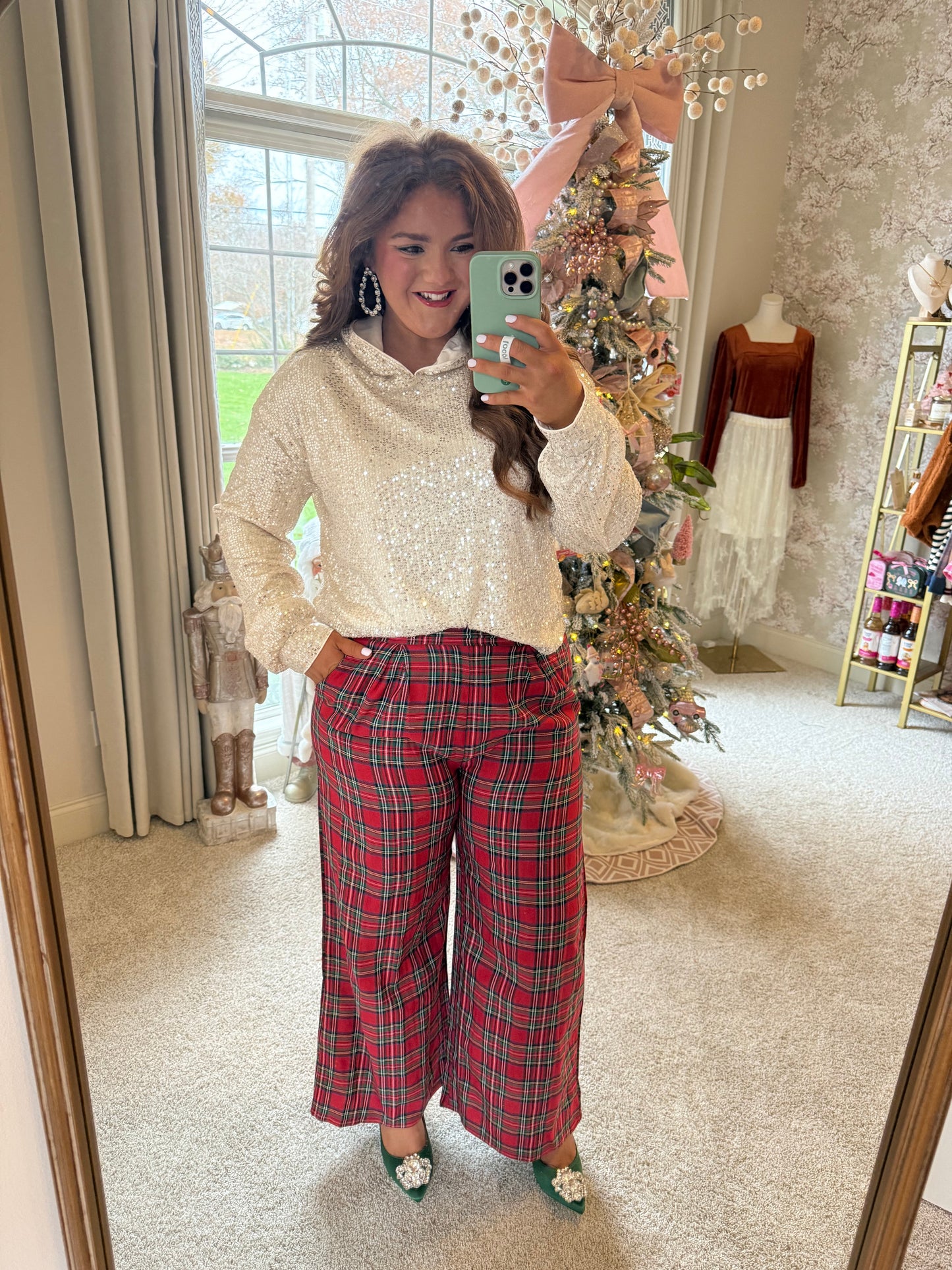 Red Festive Plaid Wide Leg Pull On Pants - PREORDER