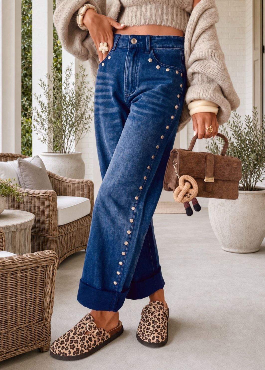 Blue Studded Detail Straight Leg Casual Loose Jeans - PREORDER