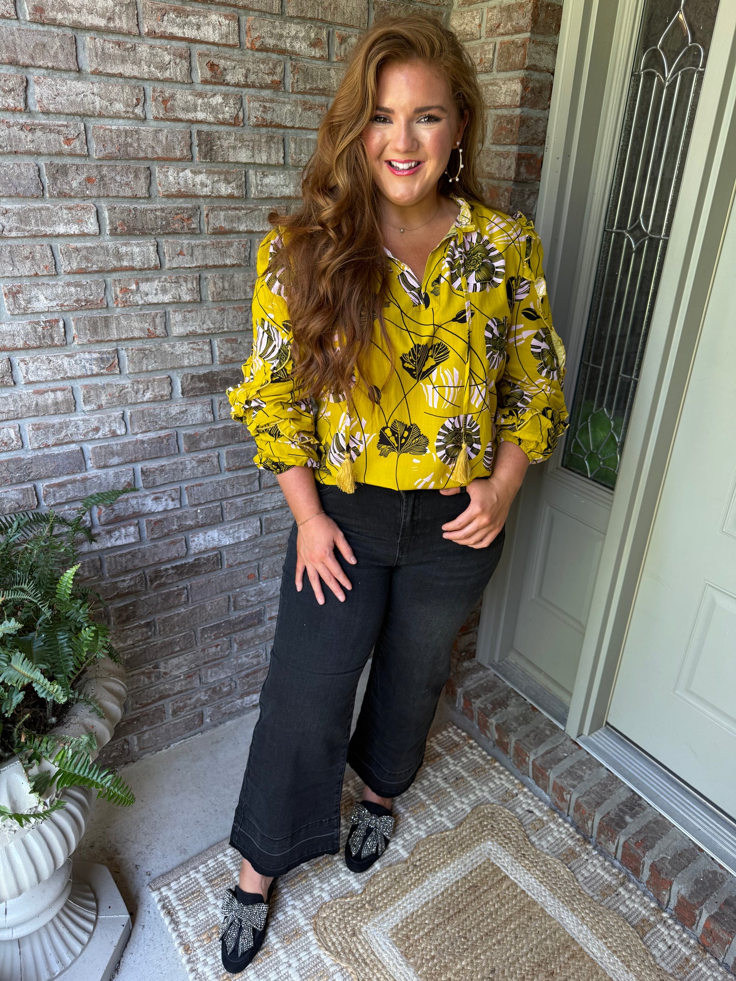Vintage Floral V Neck Ruffle Trim Long Sleeve Blouse