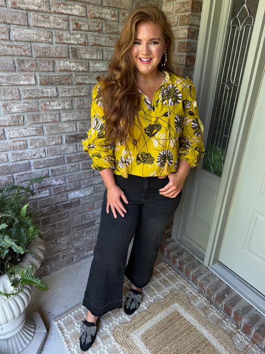 Vintage Floral V Neck Ruffle Trim Long Sleeve Blouse