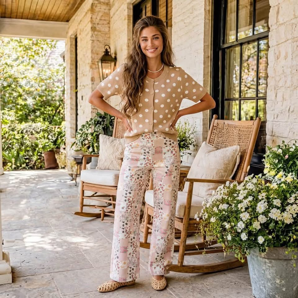 Khaki Polka Dot Short Sleeve Button Down Sweater Cardigan - PREORDER