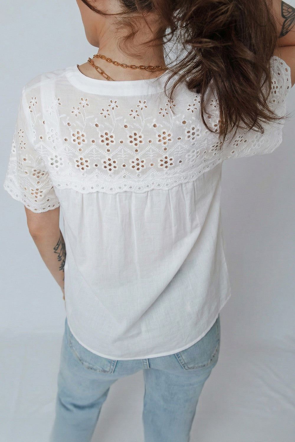 White Flower Eyelet Embroidered Patchwork Sheer Short Sleeve Shirt - PREORDER