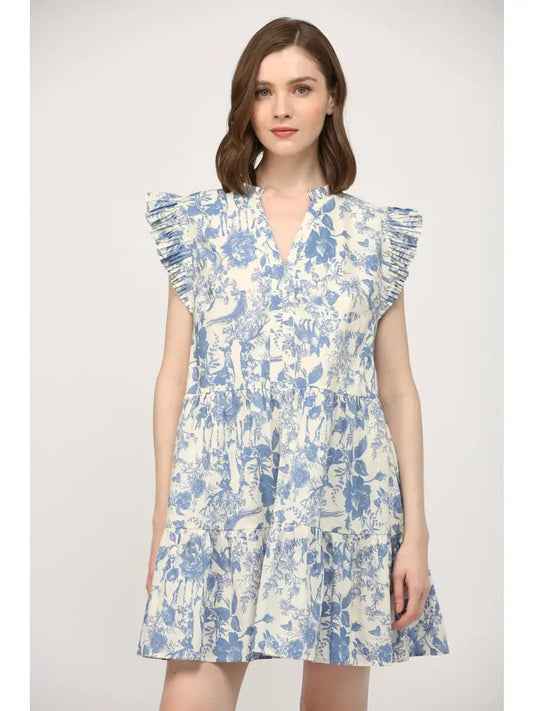 Toile Cotton Split Neck Dress