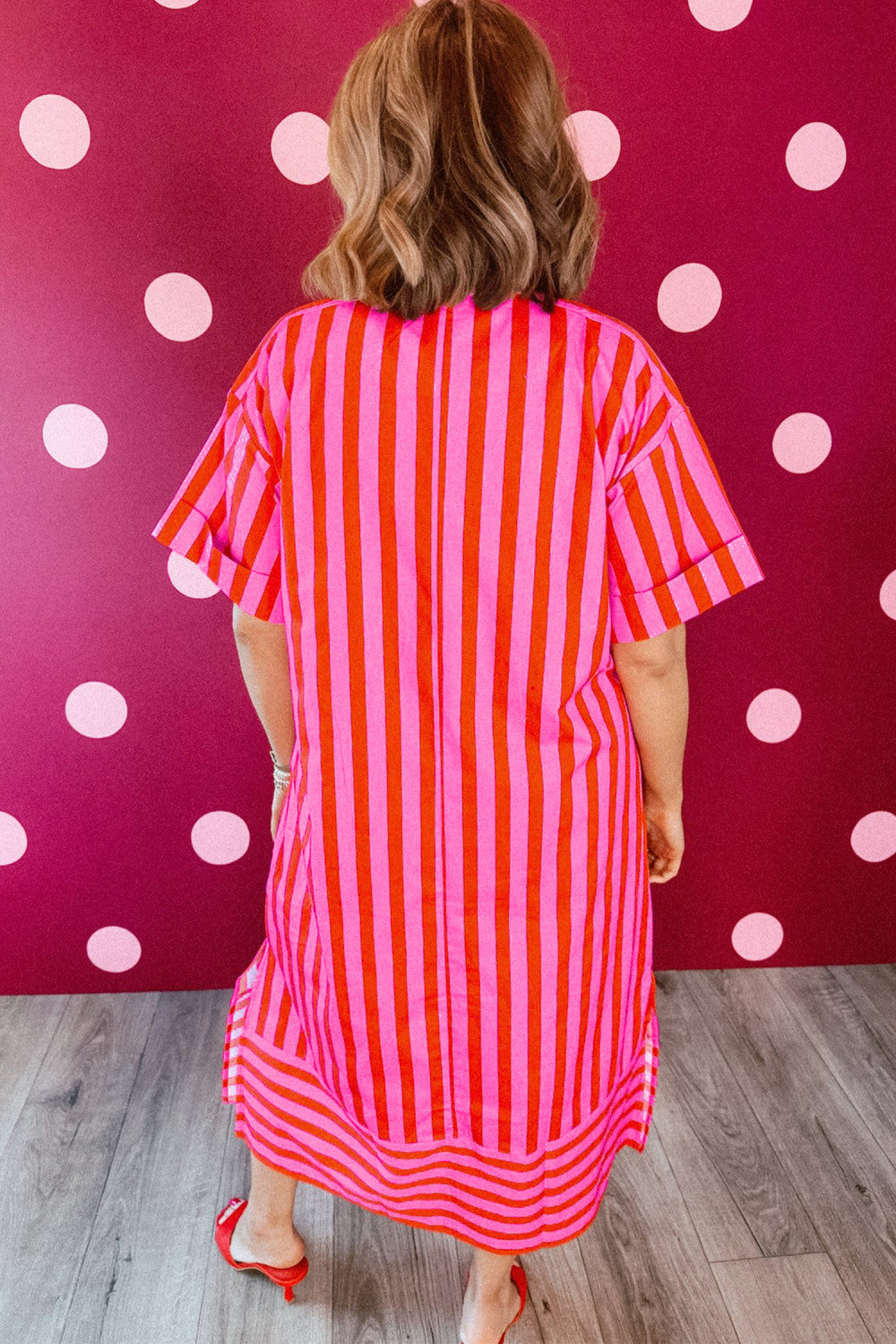 Red Stripe V Neck Cuffed Sleeve Relaxed Split Midi Dress - PREORDER