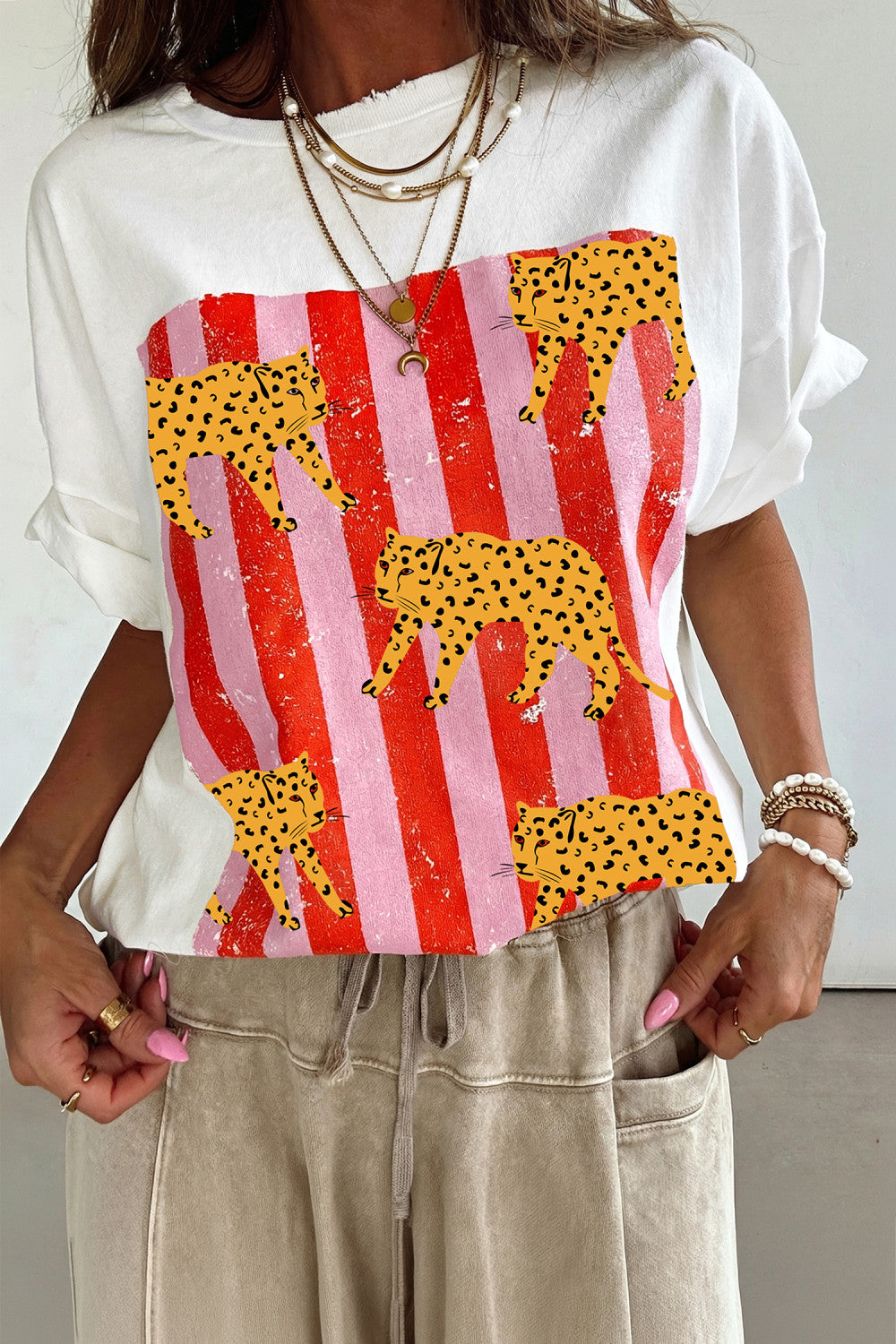 White Cheetah Striped Print Retro Fashion Graphic Tee  - PREORDER