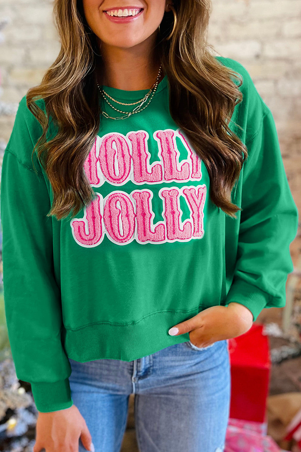 HOLLY JOLLY Embroidered Christmas Holiday Sweatshirt - PREORDER