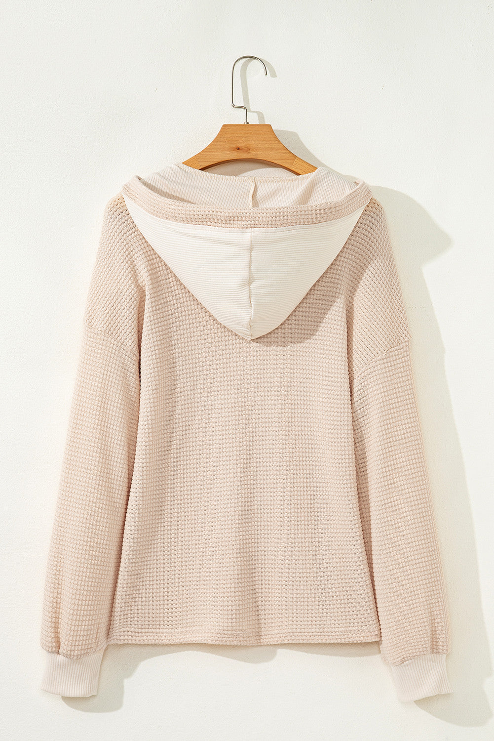 Oatmeal Waffle Patchwork Drop Shoulder Hooded Long Sleeve Top - PREORDER
