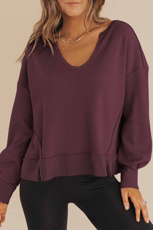 Plum Waffle Knit Notched V Neck Drop Shoulder Solid Sweatshirt - PREORDER