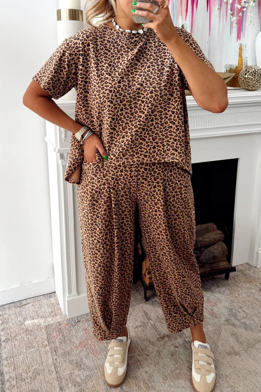 Brown Leopard Loose Tee Drawstring Waist Barrel Pants Set - PREORDER