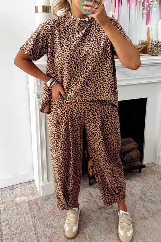 Brown Leopard Loose Tee Drawstring Waist Barrel Pants Set - PREORDER