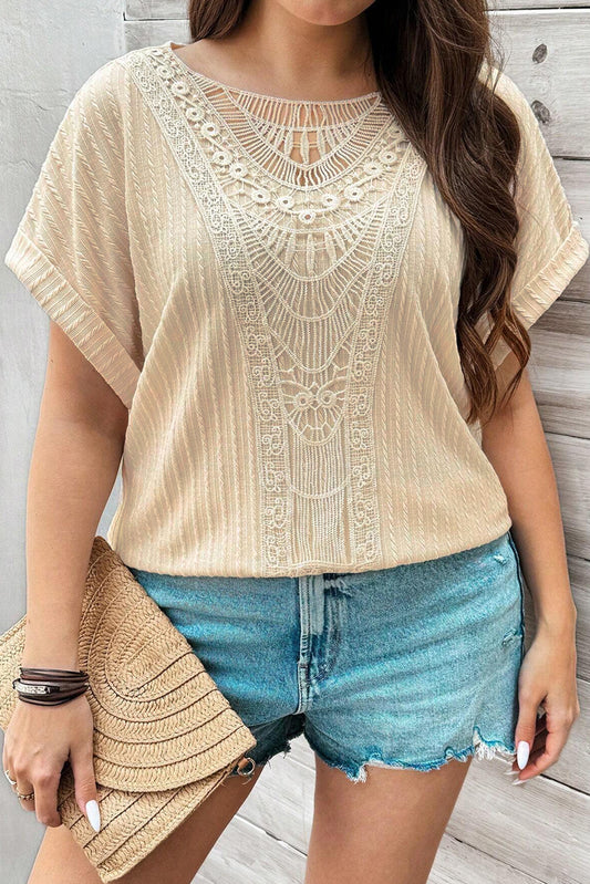 Beige Lace Crochet Patched Cable Textured Cuffed Short Sleeve Plus Size Top - PREORDER