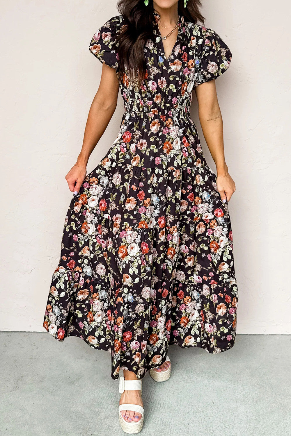 Black Floral Print V Neck Pleated Tiered Maxi Dress - DRESSES