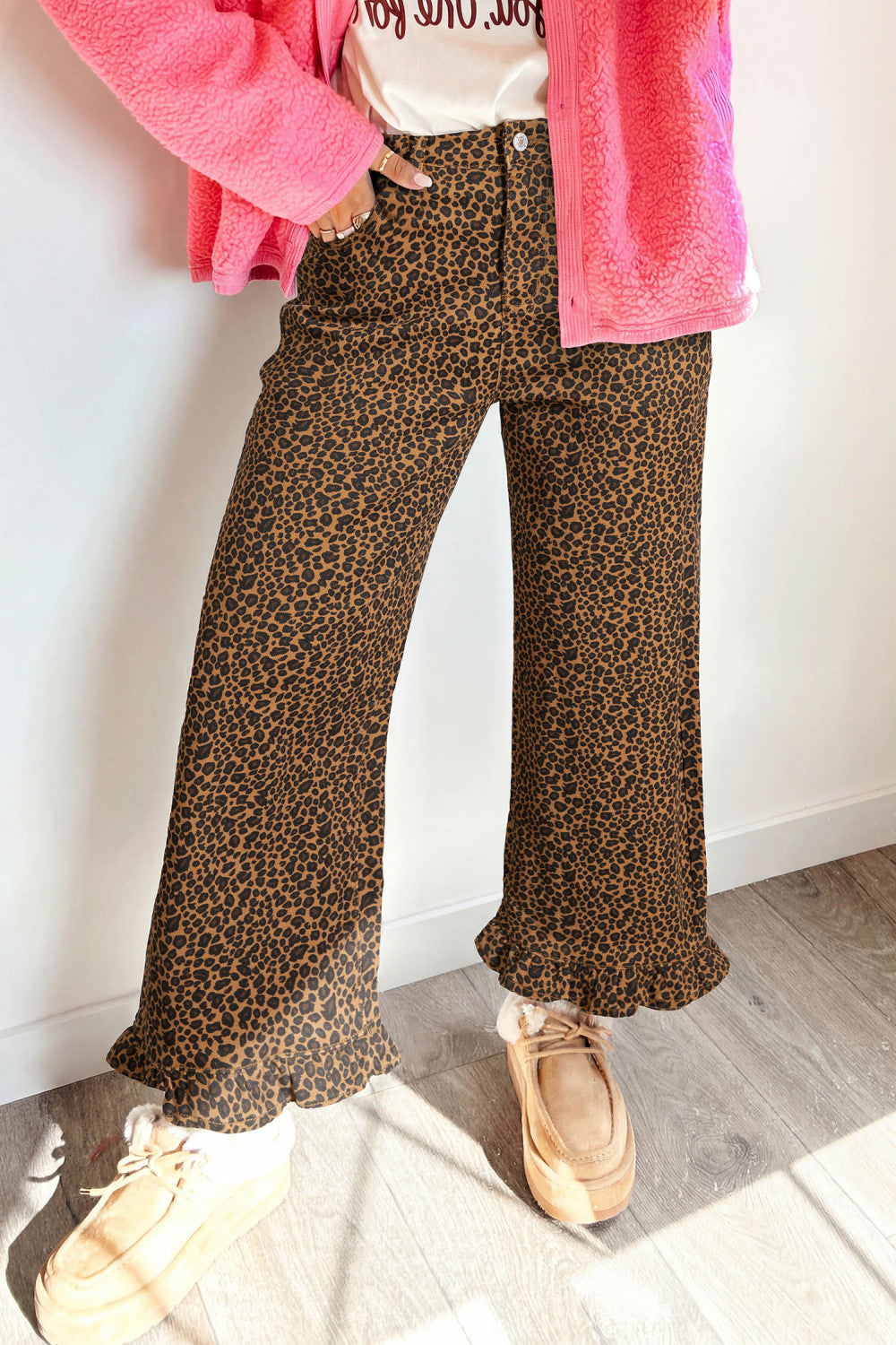 Brown Leopard Print Ruffled Hem Shift Jeans - PREORDER