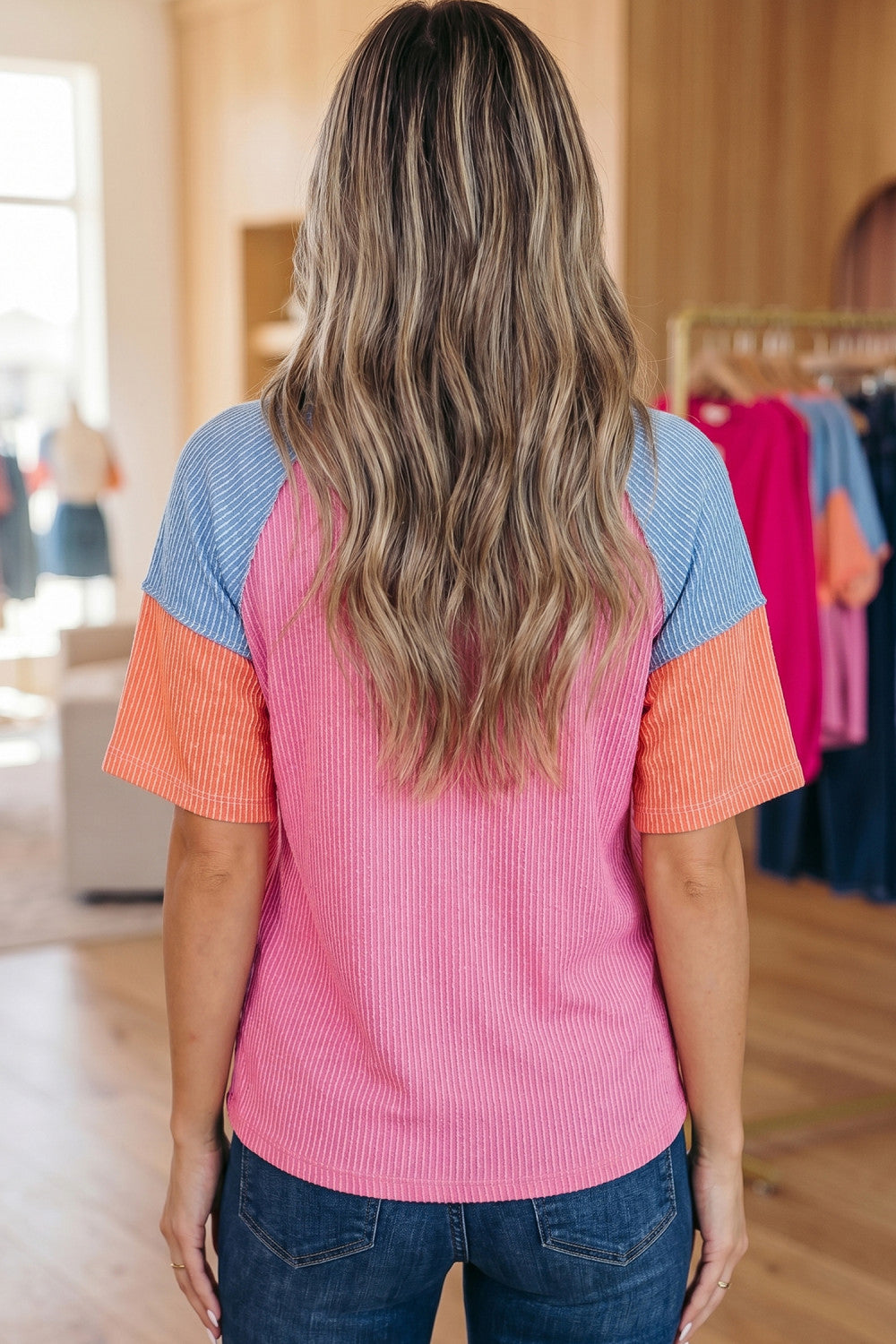 Rose Red Color Block Twisted Ribbed Tee - PREORDER