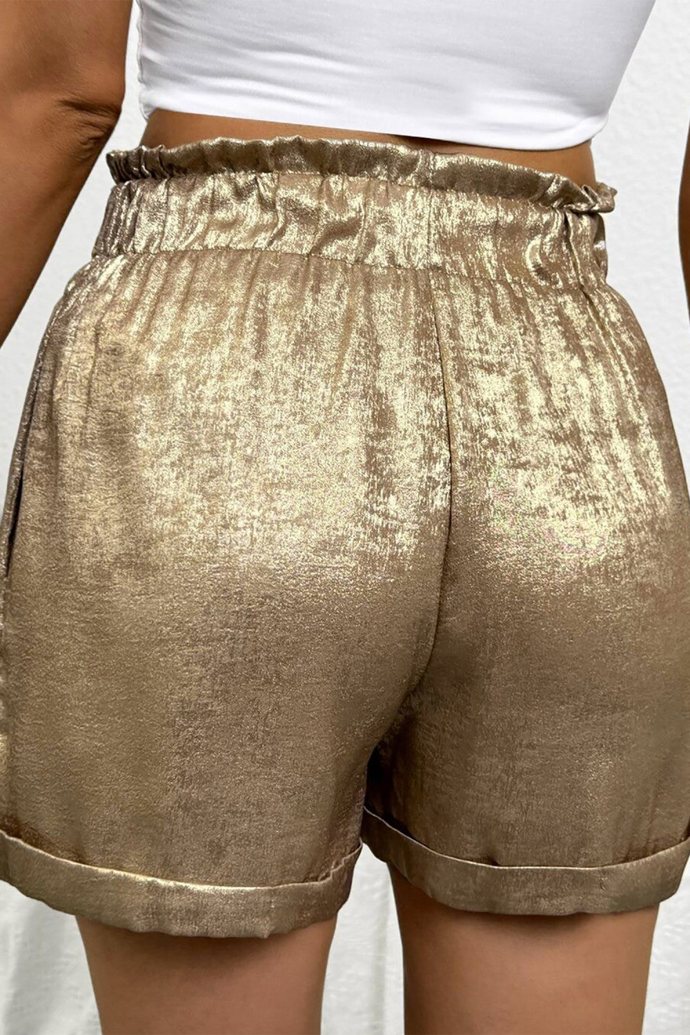 Gold Metallic Luster Tie Elastic Waist Cuffed Hem Shorts - PREORDER
