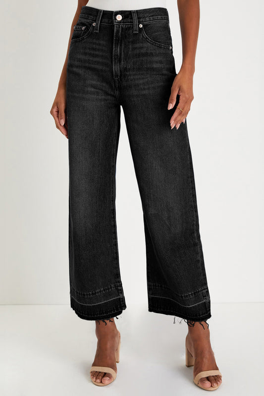 Black Raw Hem Straight Leg Loose High Waist Jeans - PREORDER
