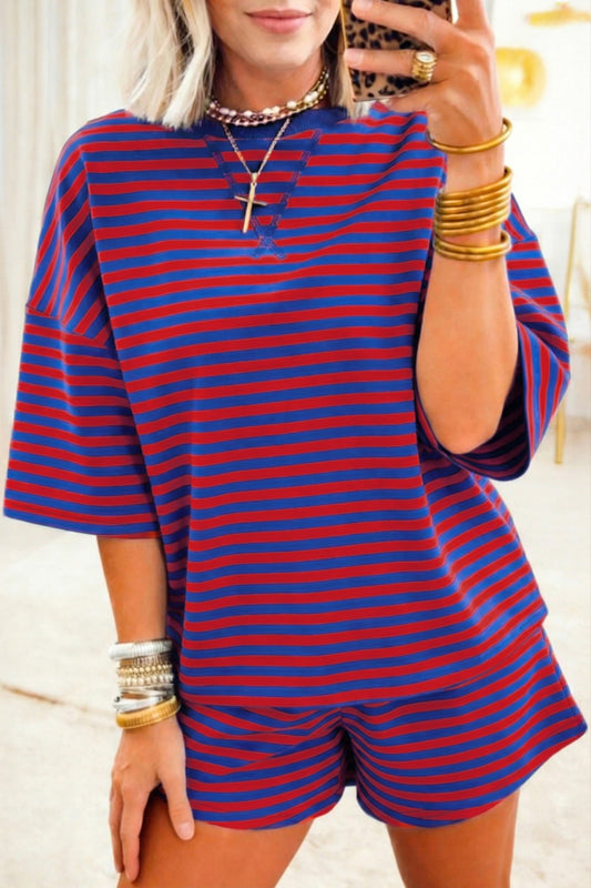 Navy Stripe Striped Ribbed Cotton Two-Piece Short Set with Chest Patch Detail - PREORDER