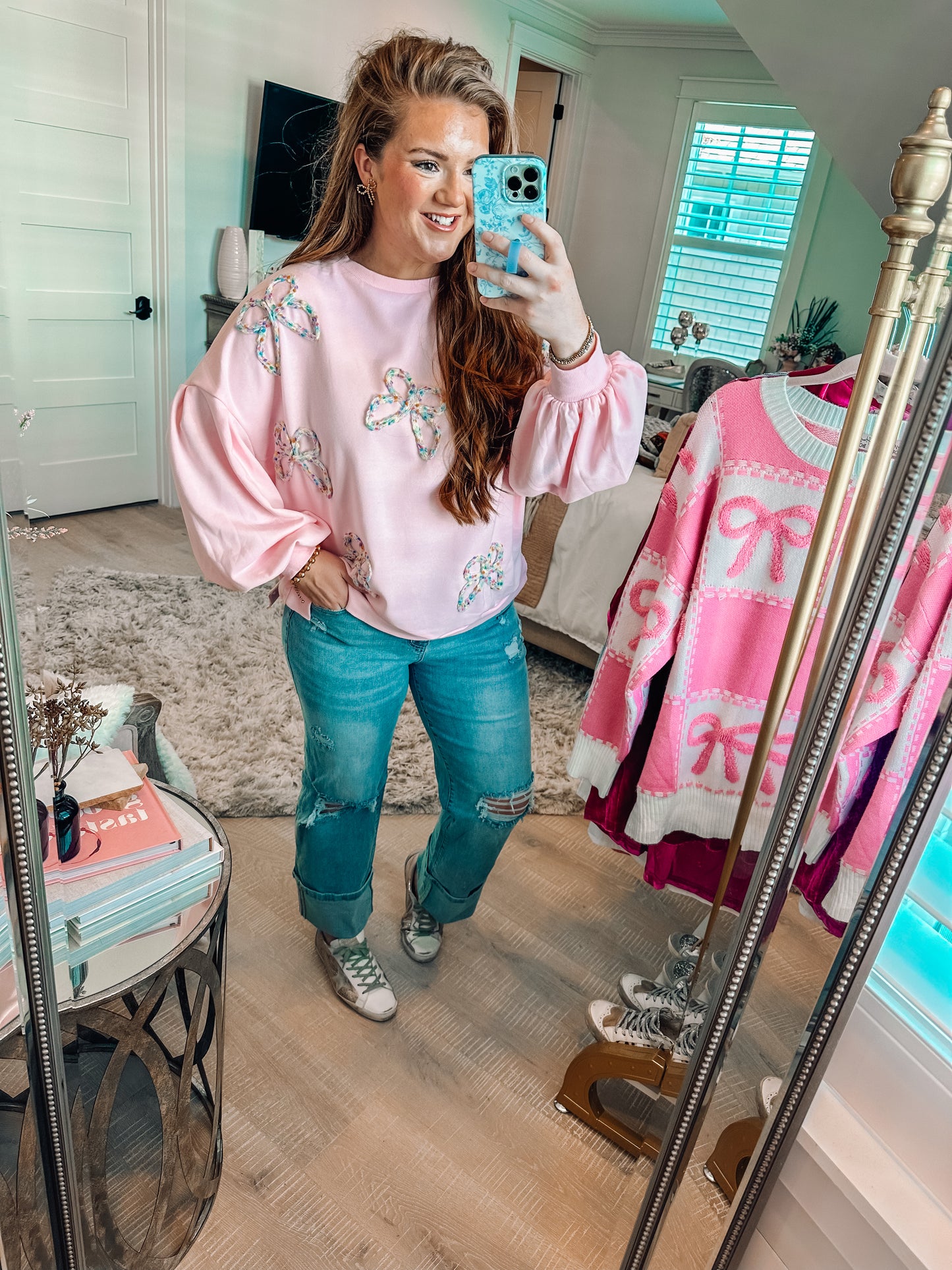 Light Pink Yarn Bow Oversized Sweatshirt