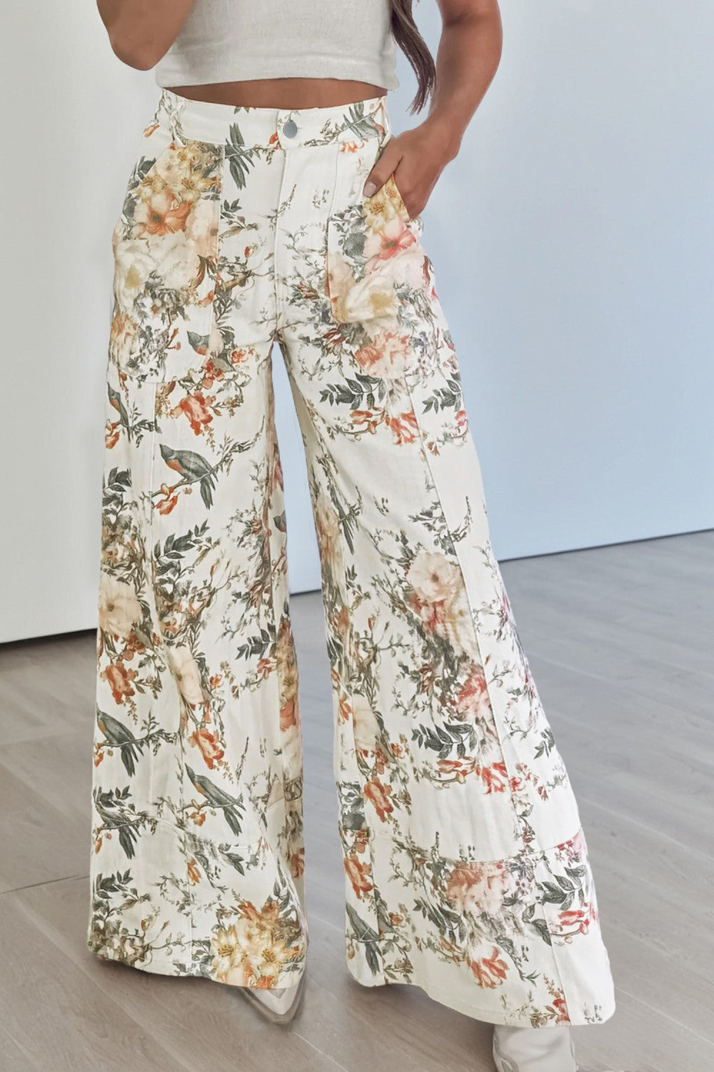 Beige Vintage Style Floral Print High Waist Wide Leg Jeans - PREORDER
