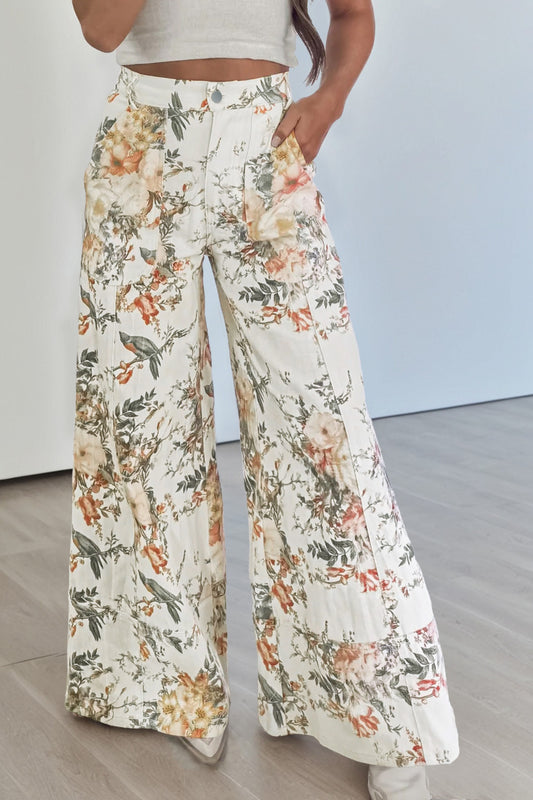 Beige Vintage Style Floral Print High Waist Wide Leg Jeans - PREORDER