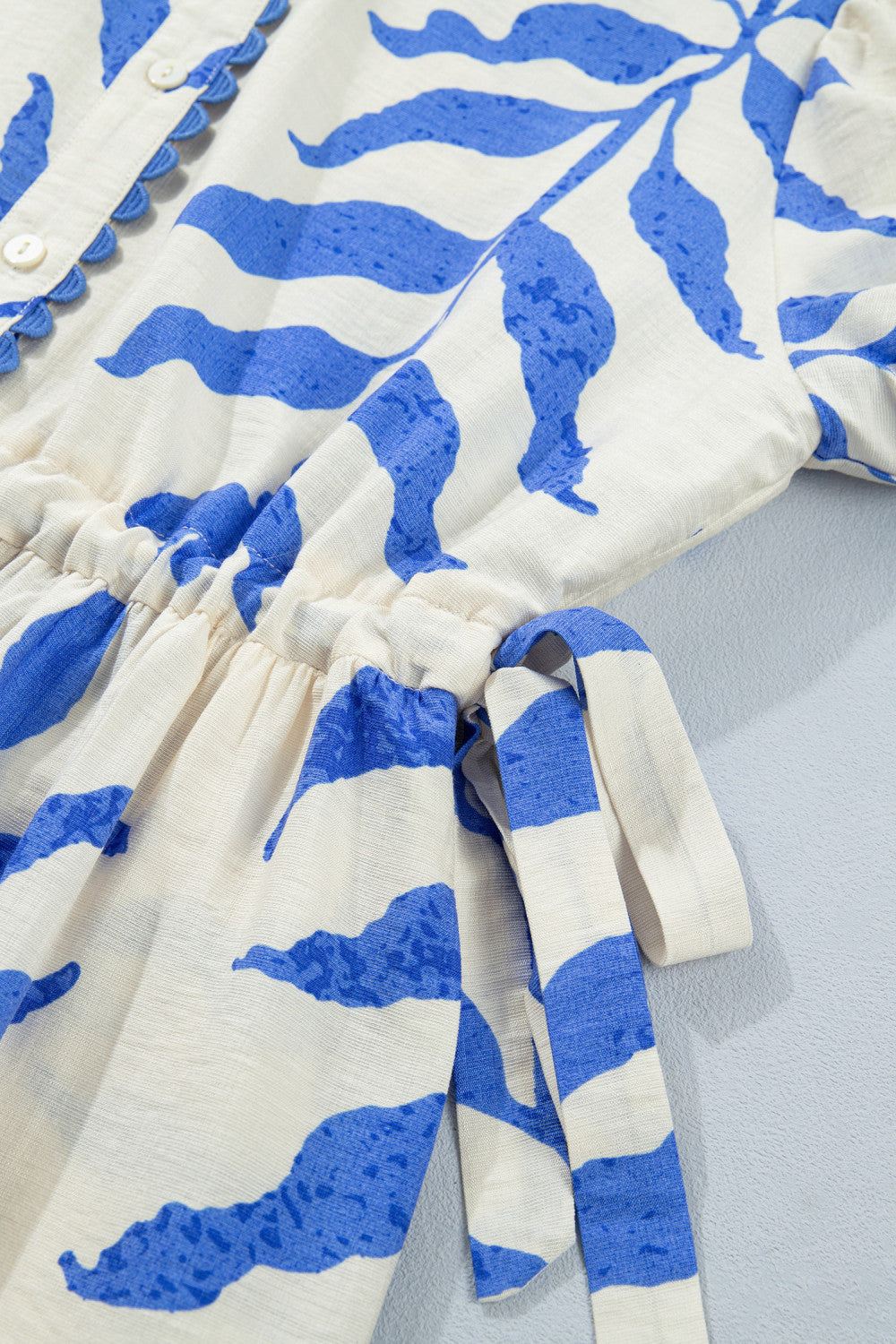 Sky Blue Leafy Botanical Print Side Tie Button Down Maxi Dress - PREORDER